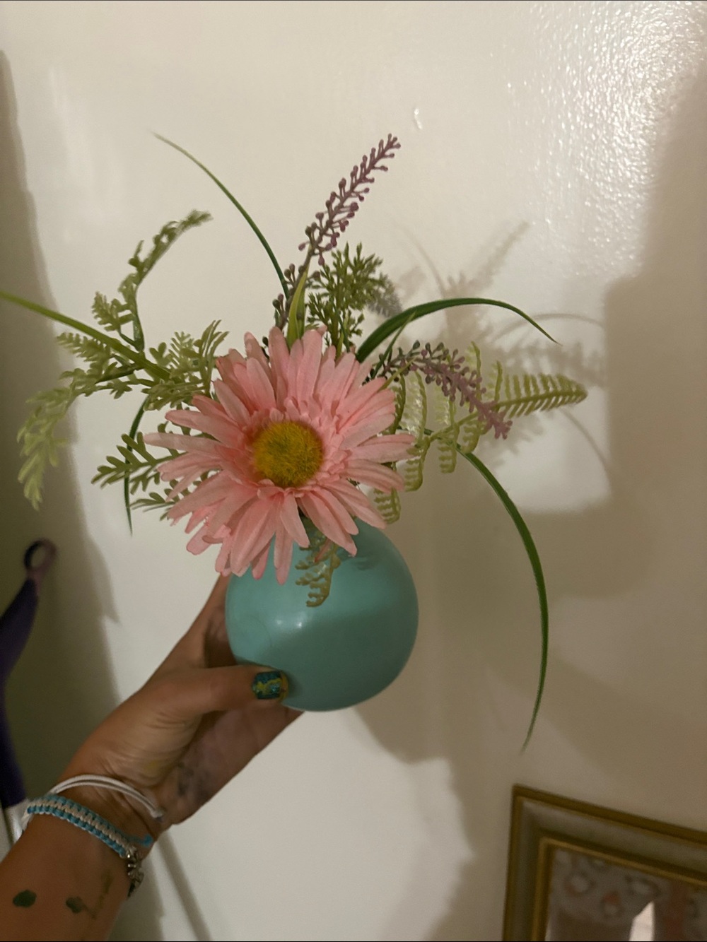 Pink Daisy Floral Arrangement in Turquoise Vase - Home Accents